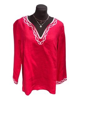 Talbots Womens 100% Linen Tunic Top Size M Red V-Neck Long Sleeve Relaxed